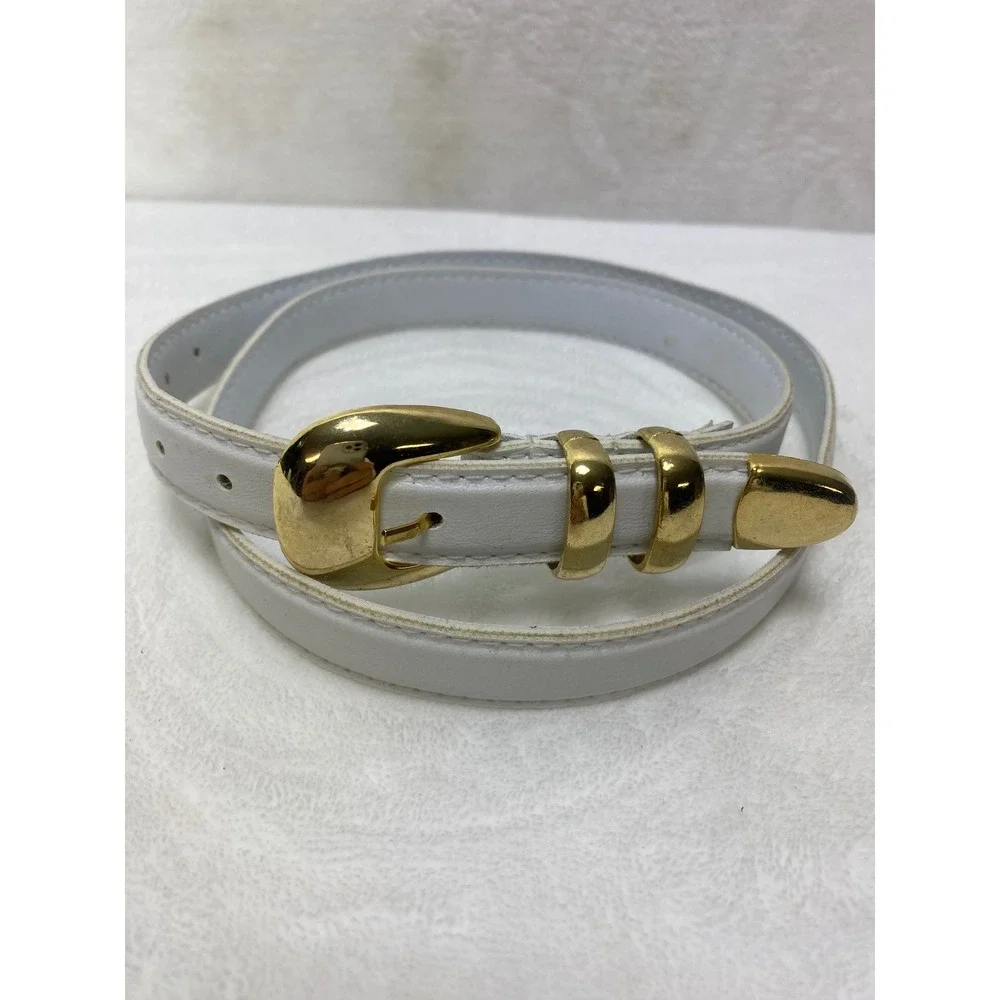 VTG Womens White Leather Skinny Dressy Belt Gold Tone‎ Buckle Metal Tip 37 Inch